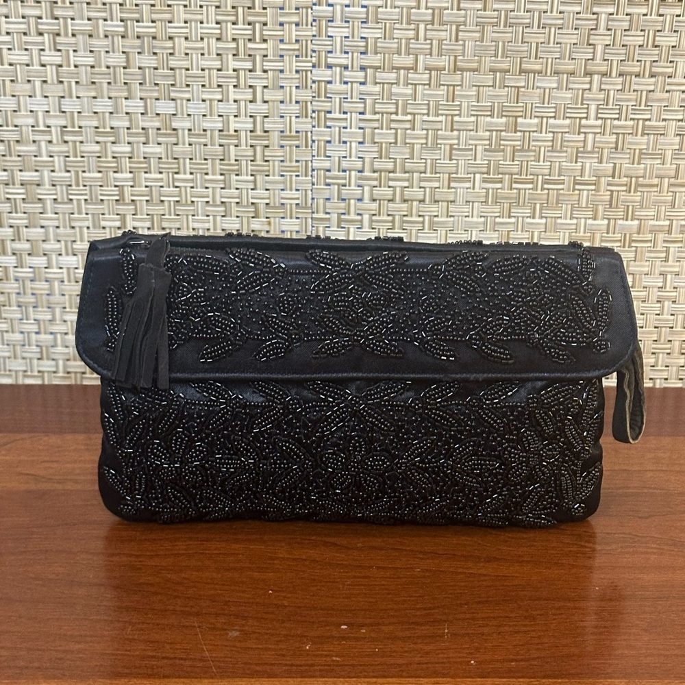 🌟2xHP🌟VTG 1960 Marie Antoinette of Paris Black Micro Bead Satin Evening Clutch